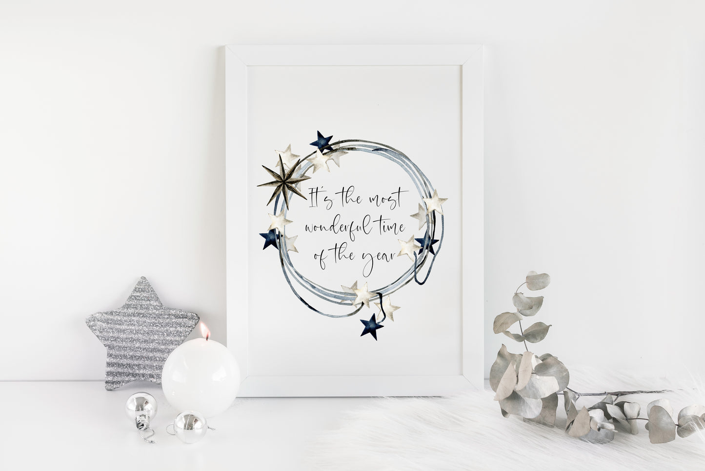 It's the most wonderful time of the year dark blue beige star wreath seasonal unframed wall art poster print