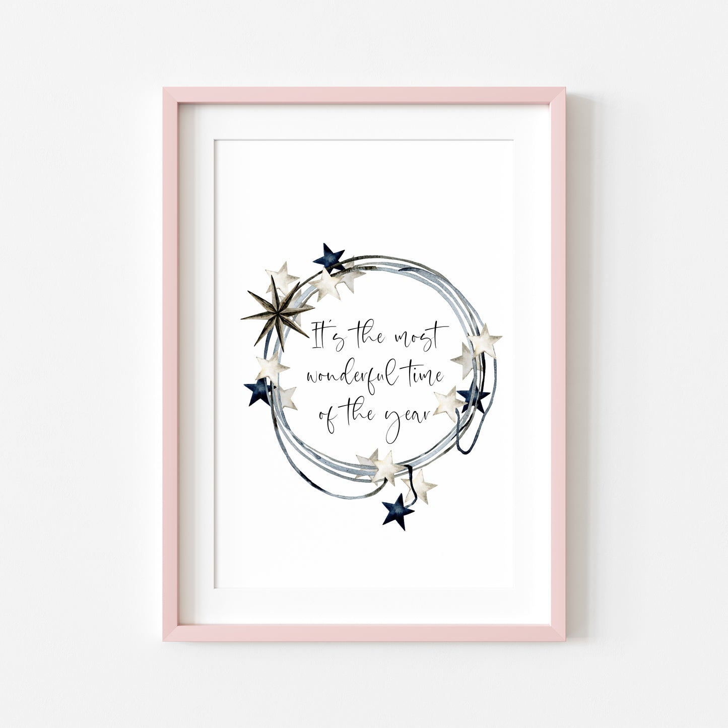 It's the most wonderful time of the year dark blue beige star wreath seasonal unframed wall art poster print