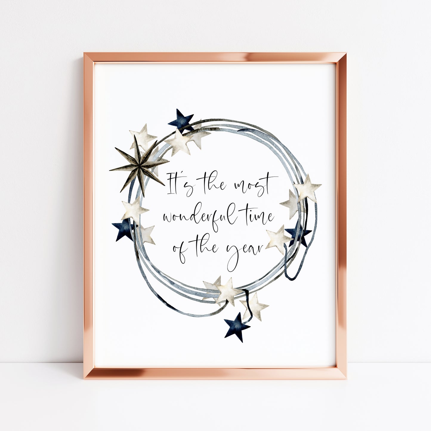 It's the most wonderful time of the year dark blue beige star wreath seasonal unframed wall art poster print
