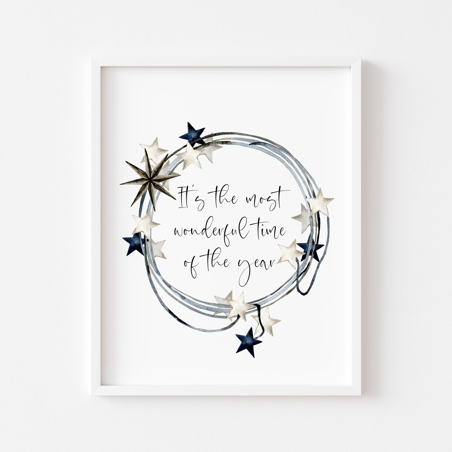 It's the most wonderful time of the year dark blue beige star wreath seasonal unframed wall art poster print