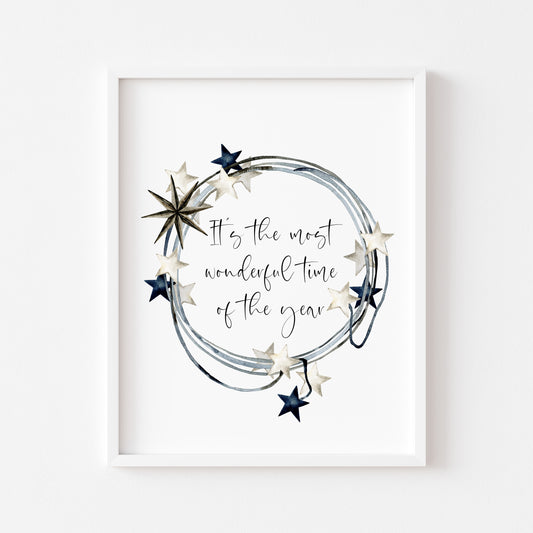 It's the most wonderful time of the year dark blue beige star wreath seasonal unframed wall art poster print