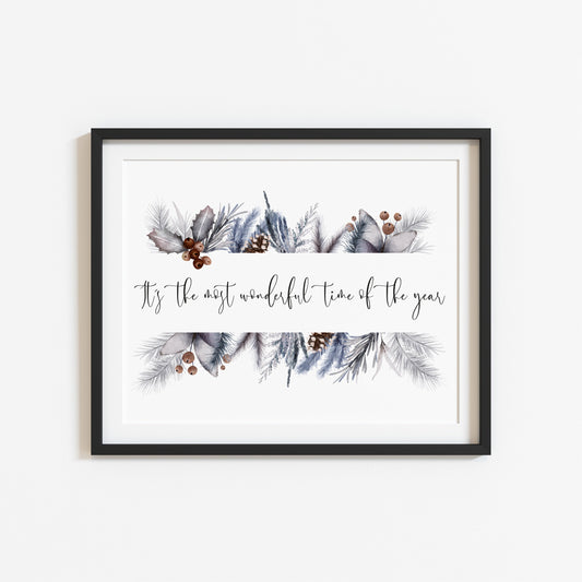 It's the most wonderful time of the year watercolour foliage wreath seasonal unframed wall art poster print