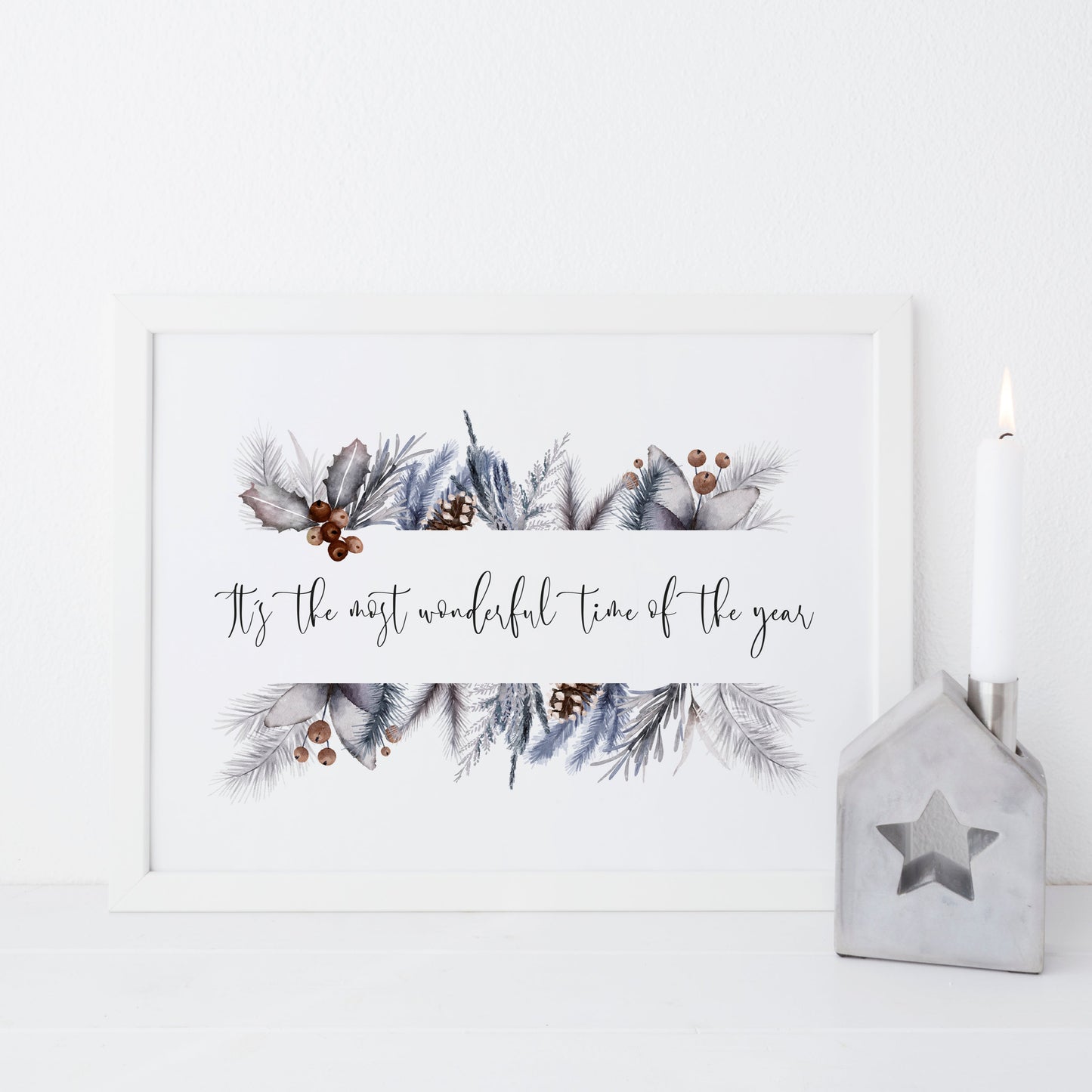 It's the most wonderful time of the year watercolour foliage wreath seasonal unframed wall art poster print