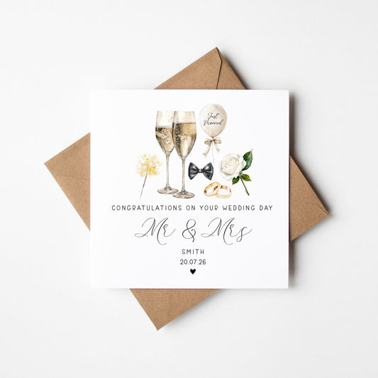 Wedding day card, Personalised surname, date congratulations Mr & Mrs card with envelope