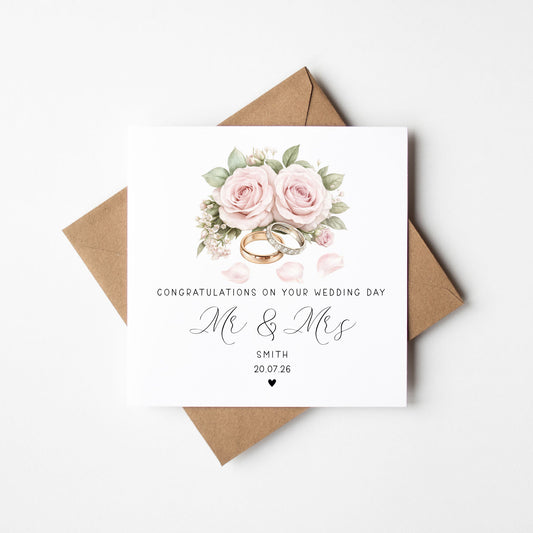Wedding day card, Personalised surname, date congratulations Mr & Mrs roses and rings card