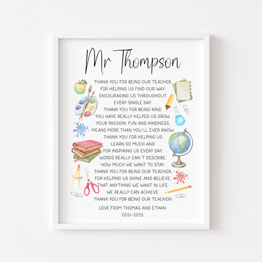 Personalised Thank you teacher poem unframed print personalised teacher gift end of term gift end of year gift school gift teacher gift idea