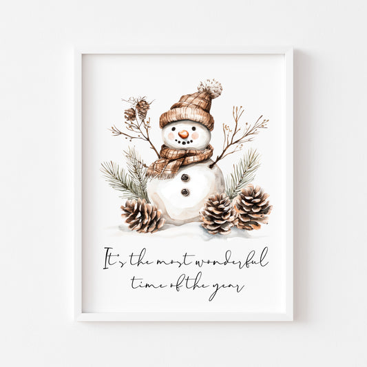 It's the most wonderful time of the year neutral beige brown snowman winter foliage unframed wall art poster print