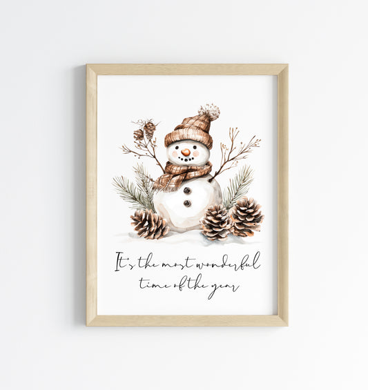 It's the most wonderful time of the year neutral beige brown snowman winter foliage unframed wall art poster print