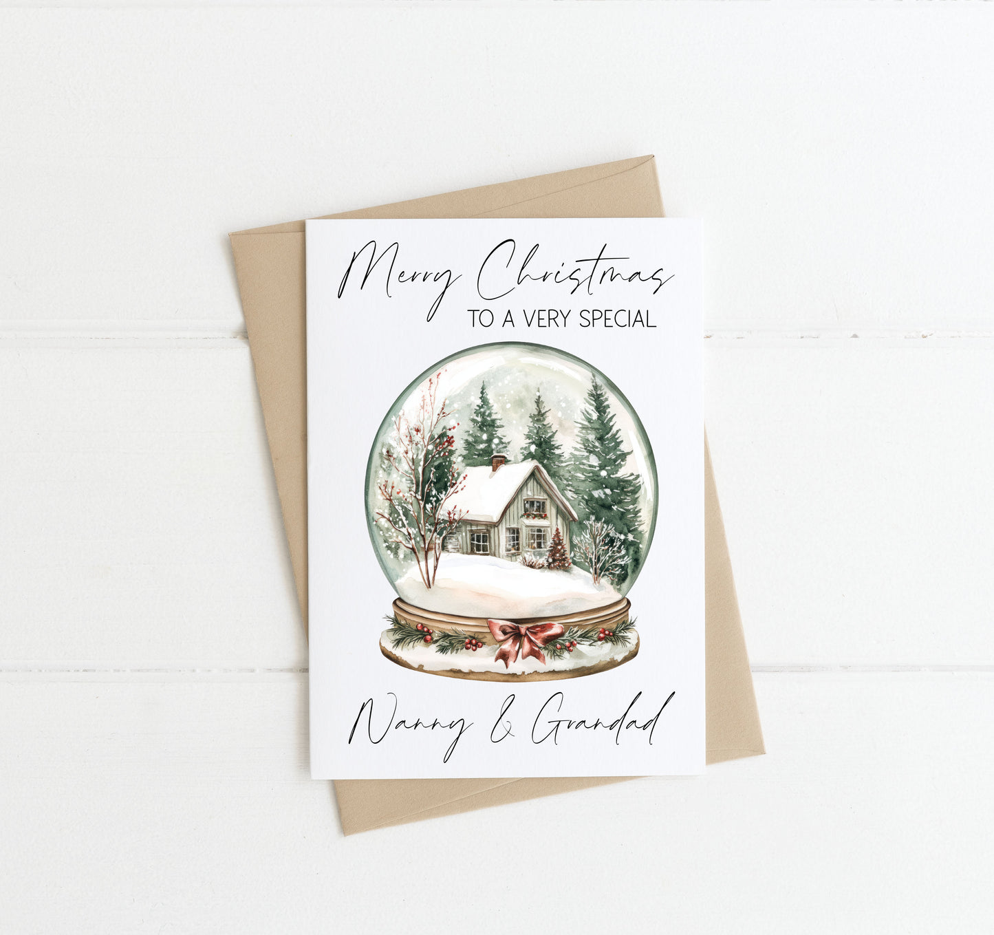 Christmas card, Merry Christmas mum & dad Nan + Grandad snow globe home xmas seasonal greetings card, envelope,kraft brown or white