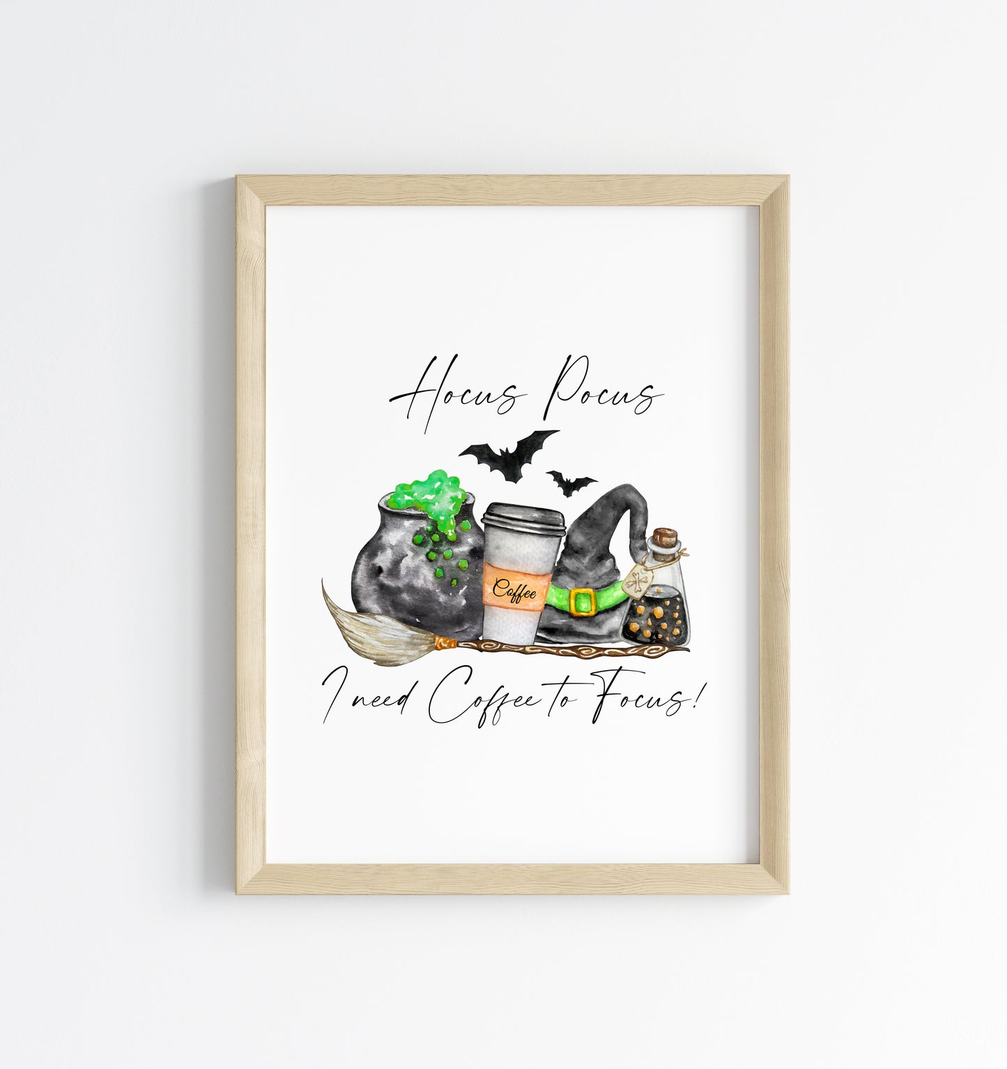 Hocus Pocus I need Coffee to focus! kitchen halloween illustration unframed wall art poster print