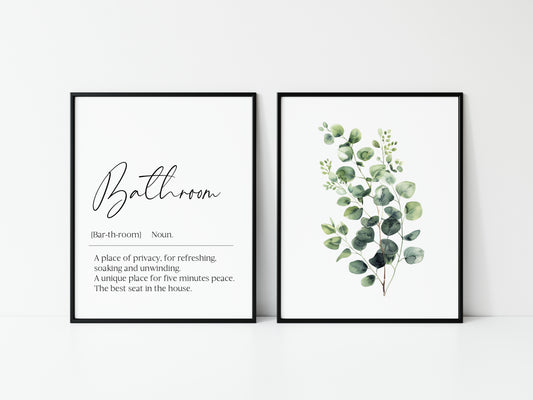 Set of 2 bathroom prints, Bathroom definition eucalyptus bouquet unframed wall art poster prints