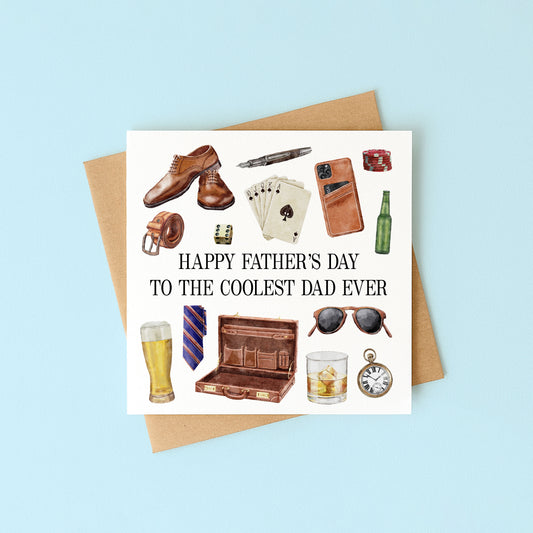 Father's day card coolest dad ever watercolour with Kraft brown envelope