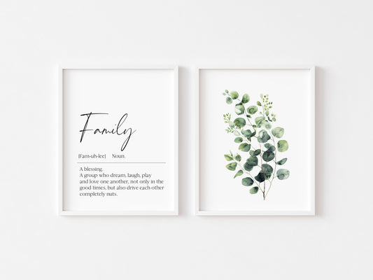 Set of 2 home prints, family definition & plant greenery eucalyptus bouquet home unframed wall art poster prints, home decor, home wall art