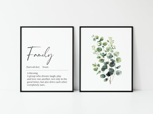 Set of 2 home prints, family definition & plant greenery eucalyptus bouquet home unframed wall art poster prints, home decor, home wall art