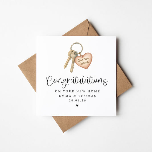 Personalised New home card, congratulations couples new house key with Envelope