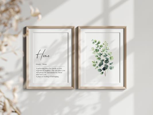 Set of 2 home prints, home definition & plant greenery eucalyptus bouquet home unframed wall art poster prints, home decor, home wall art