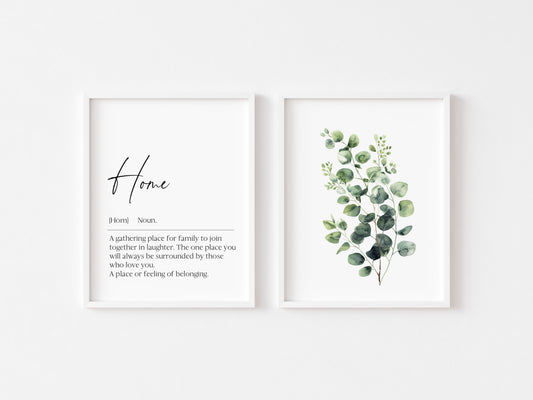 Set of 2 home prints, home definition & plant greenery eucalyptus bouquet home unframed wall art poster prints, home decor, home wall art