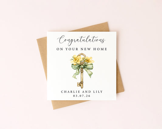 First New home card, congratulations first house together floral key names dates personalised with Envelope
