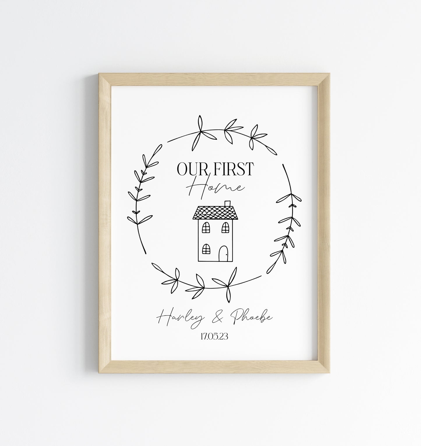 Our first home personalised house home doodle & botanical wreath couples new home bedroom unframed wall art poster print