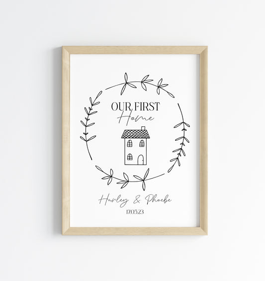 Our first home personalised house home doodle & botanical wreath couples new home bedroom unframed wall art poster print
