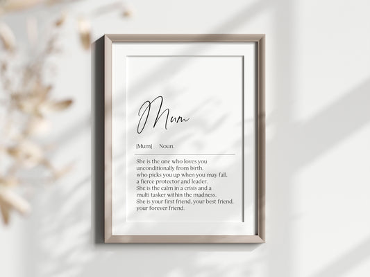 Mum definition print, mum, mothers day print definition description mothers day gift unframed wall art poster print, gifts for mums, art