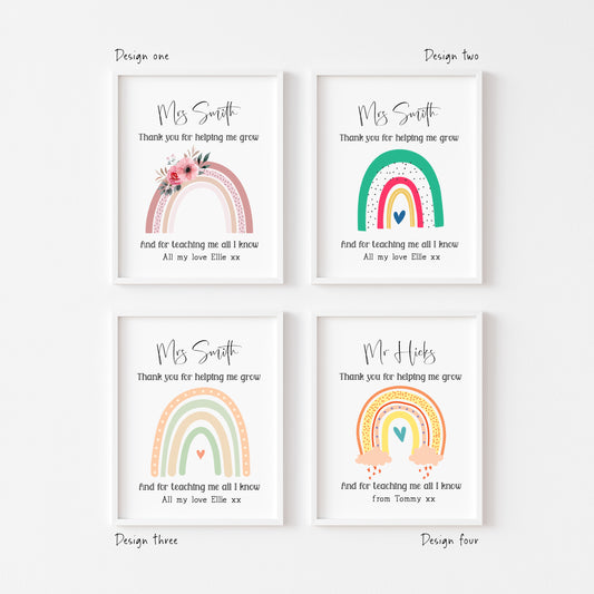 Personalised teacher thank you teacher nursery rainbow print, four rainbow designs unframed wall art poster print gifts for nursery teachers