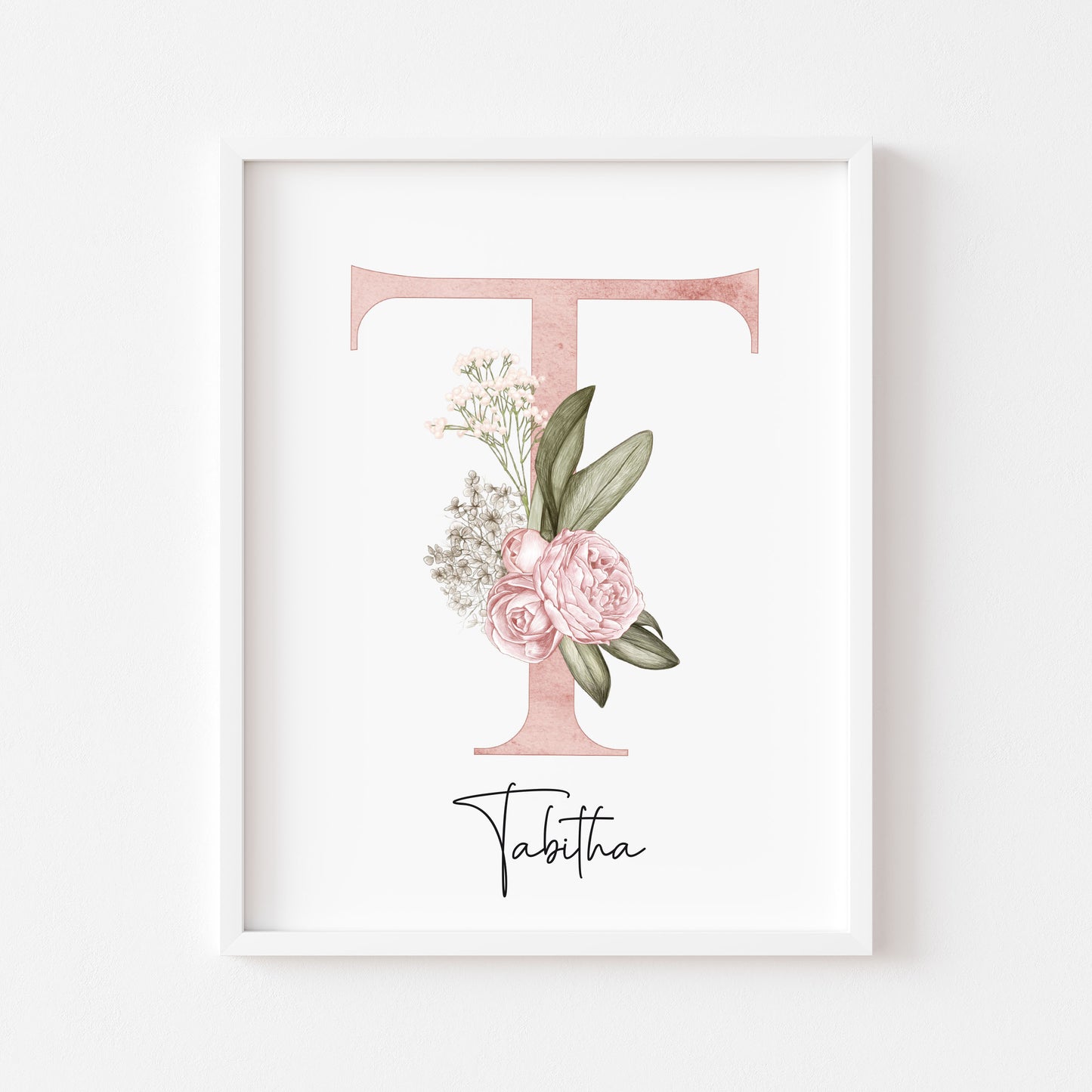 Personalised initial name print, pink and green watercolour floral initial illustration nursery unframed print