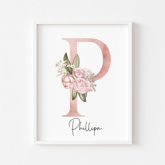 Personalised initial name print, pink and green watercolour floral initial illustration nursery unframed print