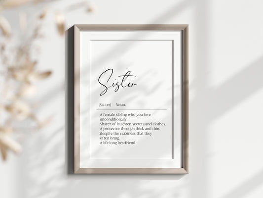 Sister definition, sister bestie definition birthday gift unframed wall art poster print, gifts for sisters, best sisters, sisters birthday