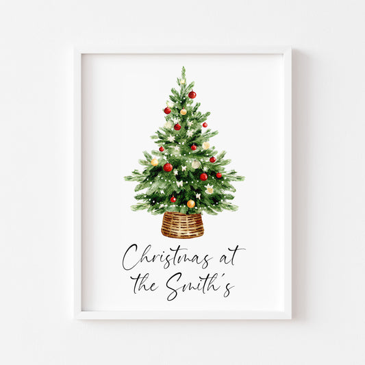 Personalised Christmas Print Watercolour Xmas Tree family at the, with the, Wall Art (unframed)