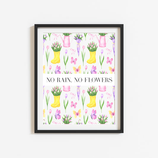 No Rain No Flowers motivational watercolour spring pink yellow tulips & umbrellas seasonal home bedroom unframed wall art poster print