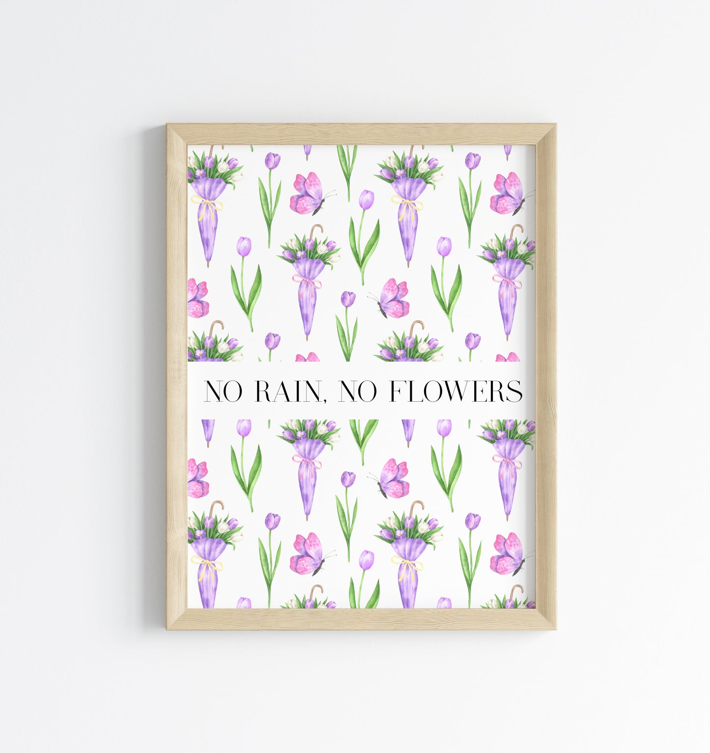 No Rain No Flowers motivational watercolour spring purple tulips & umbrellas seasonal home bedroom unframed wall art poster print