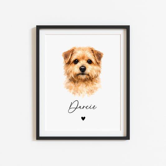 Personalised Norfolk Terrier Dog Print Custom Name Pet portrait watercolour unframed wall art