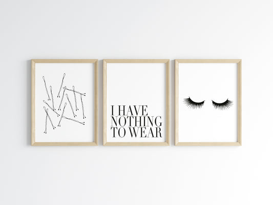 Set of 3 fashion prints, nothing to wear, eyelashes, bobby pins set of bedroom fashion dressing room unframed wall art poster prints