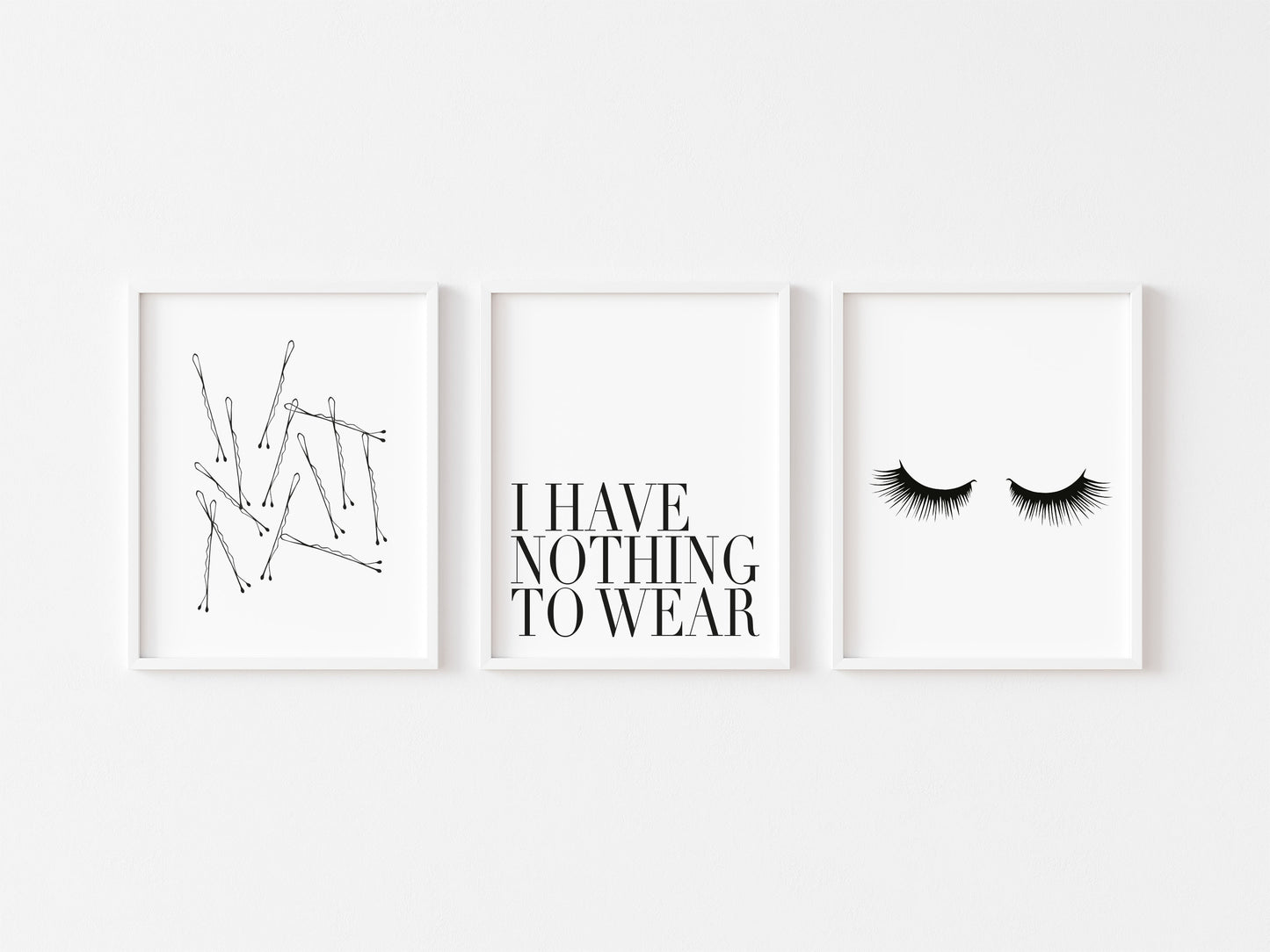 Set of 3 fashion prints, nothing to wear, eyelashes, bobby pins set of bedroom fashion dressing room unframed wall art poster prints