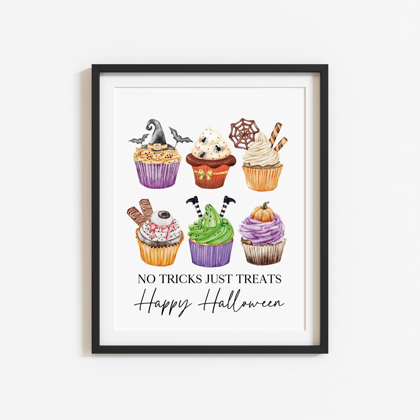 No tricks, just treats halloween spooky cupcake bakes watercolour cute halloween sign unframed wall art poster print, halloween sign