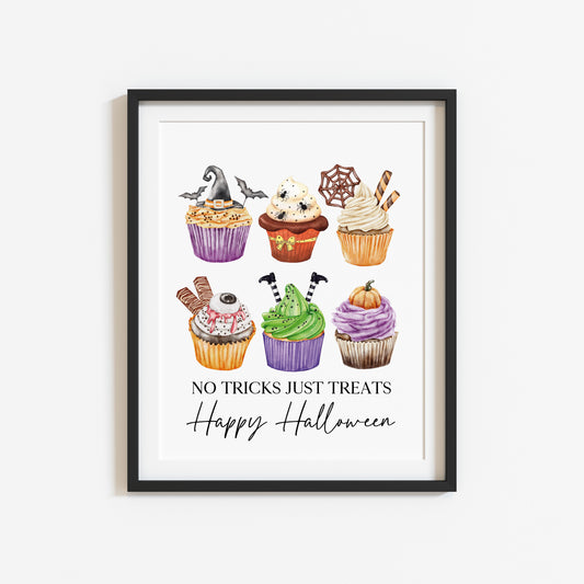 No tricks, just treats halloween spooky cupcake bakes watercolour cute halloween sign unframed wall art poster print, halloween sign