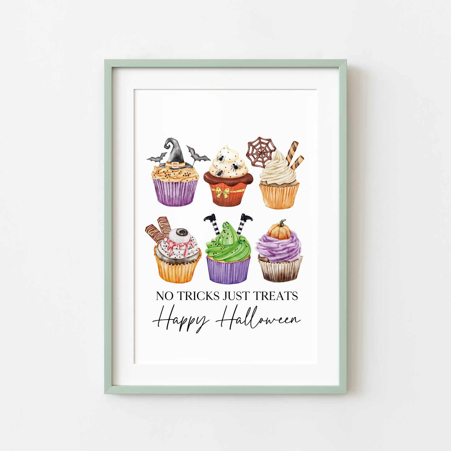 No tricks, just treats halloween spooky cupcake bakes watercolour cute halloween sign unframed wall art poster print, halloween sign