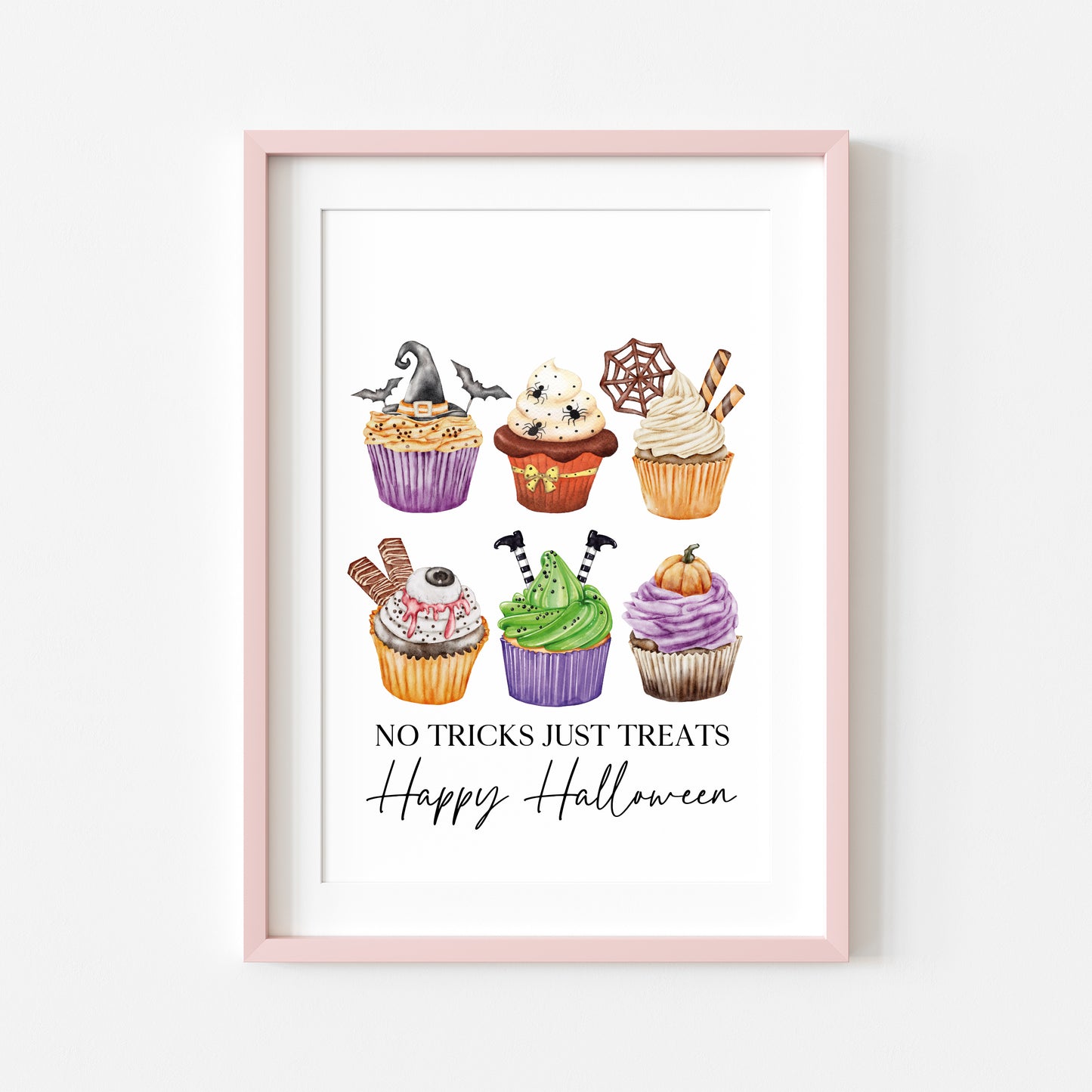 No tricks, just treats halloween spooky cupcake bakes watercolour cute halloween sign unframed wall art poster print, halloween sign