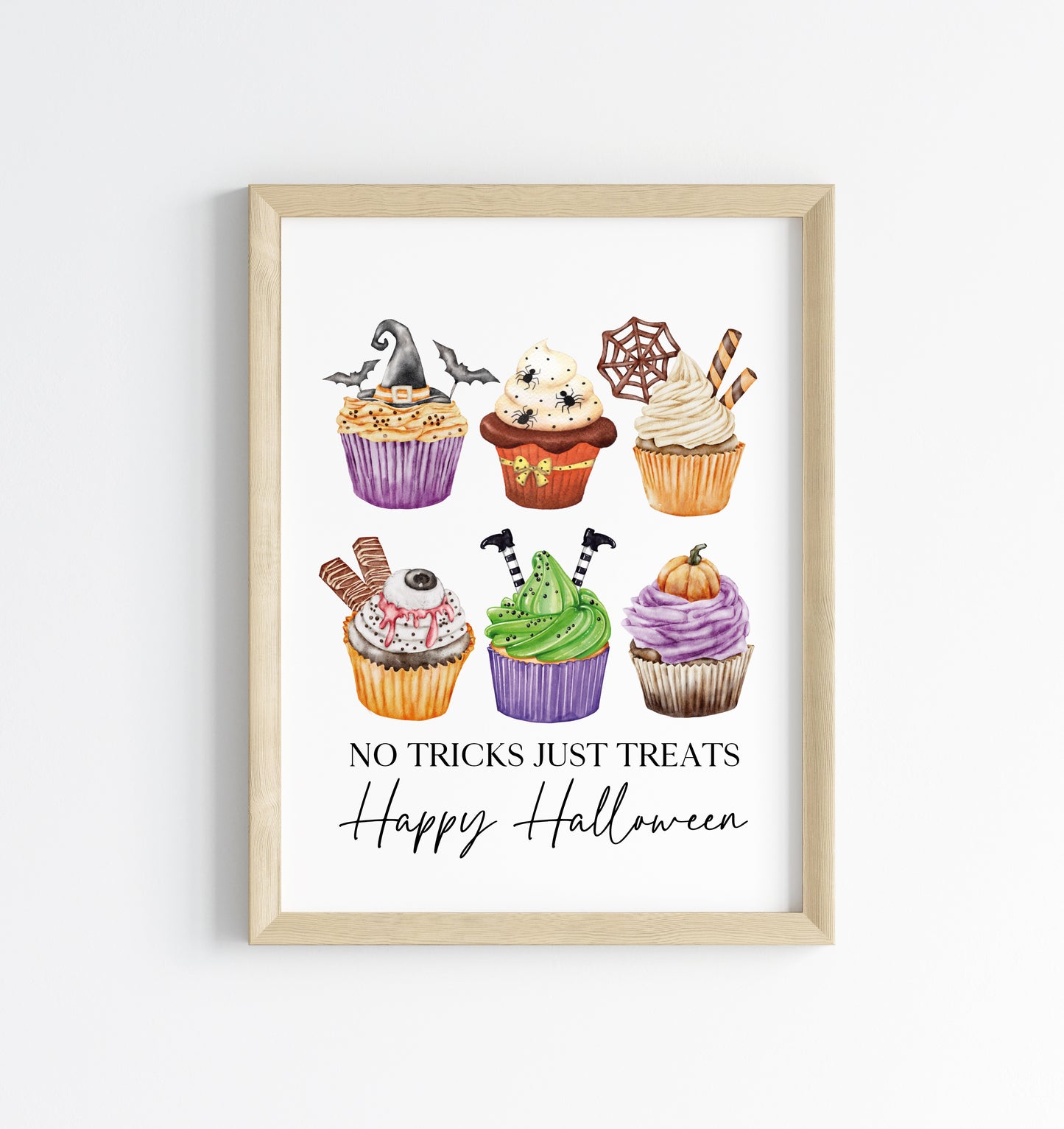 No tricks, just treats halloween spooky cupcake bakes watercolour cute halloween sign unframed wall art poster print, halloween sign