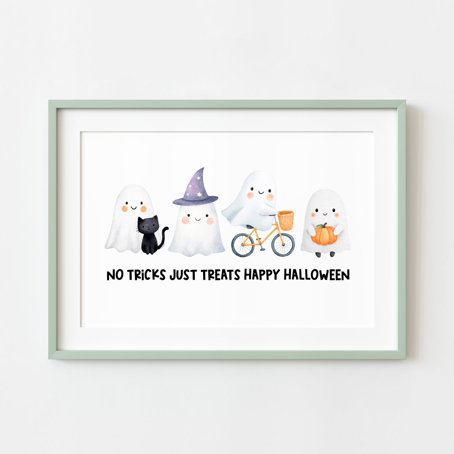 Halloween print, No tricks just treats cute but spooky ghosts watercolour unframed wall art poster