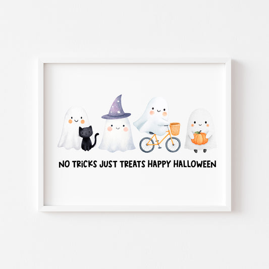 Halloween print, No tricks just treats cute but spooky ghosts watercolour unframed wall art poster