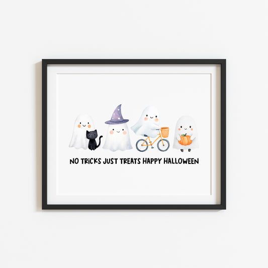 Halloween print, No tricks just treats cute but spooky ghosts watercolour unframed wall art poster