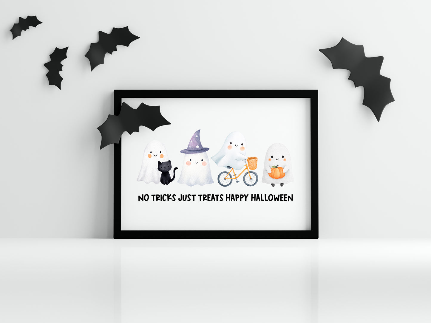 Halloween print, No tricks just treats cute but spooky ghosts watercolour unframed wall art poster