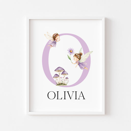 Purple Fairies Initial Print Personalised Nursery wall art Decor (Unframed)