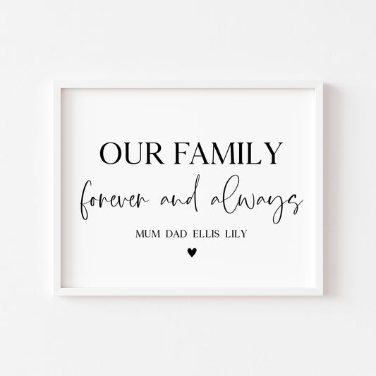 Personalised Our family forever and always heart unframed wall art poster print, home hallway family print, family home print, home decor