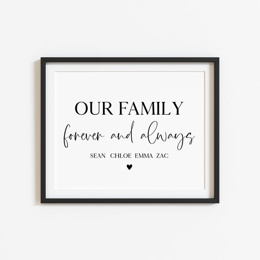 Personalised Our family forever and always heart unframed wall art poster print, home hallway family print, family home print, home decor