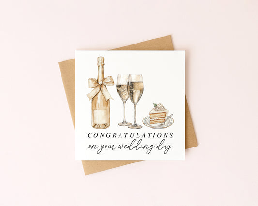 Wedding Card, congratulations champagne, rings & cake elegant card with Kraft Envelope