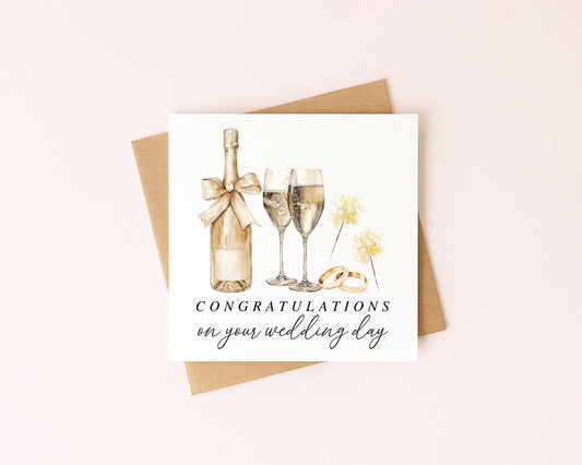 Wedding Card, congratulations champagne, rings & sparklers elegant card with Kraft Envelope