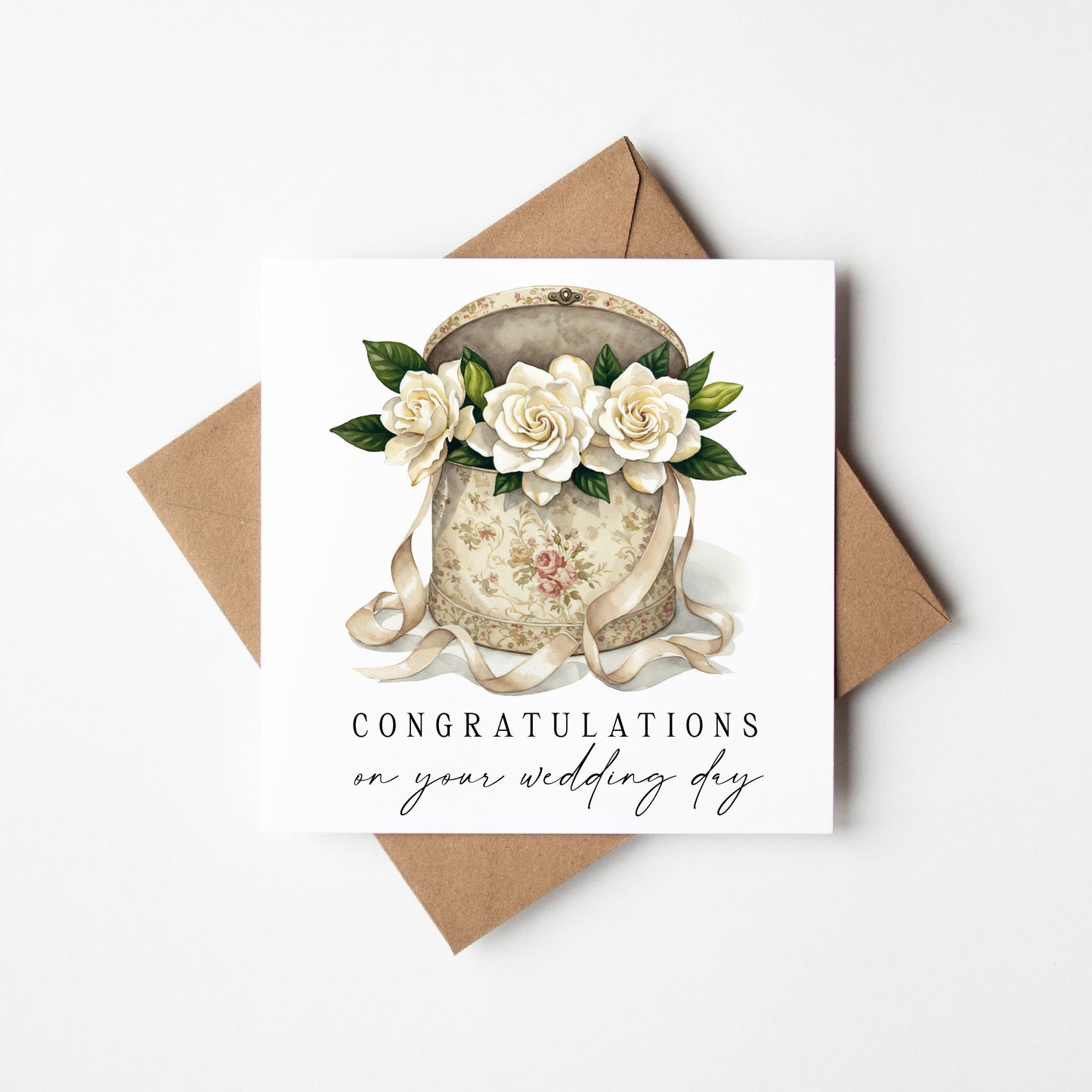 Congratulations Card, on your wedding day cream box of white Roses with Kraft Envelope